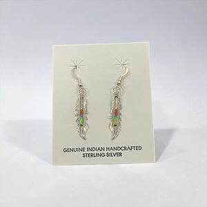 Vintage Navajo BARNEY Sterling Silver Multi-Stone Inlay Feather Dangle Earrings